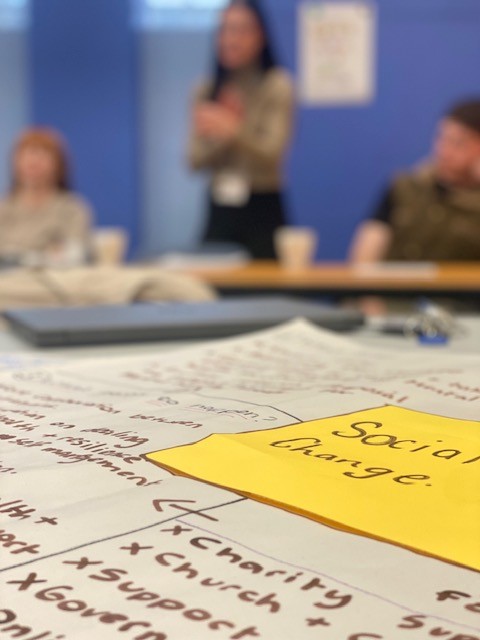 OCN Panel Session: View of a table with post-it notes and flip chart notes. Blurred people in the background