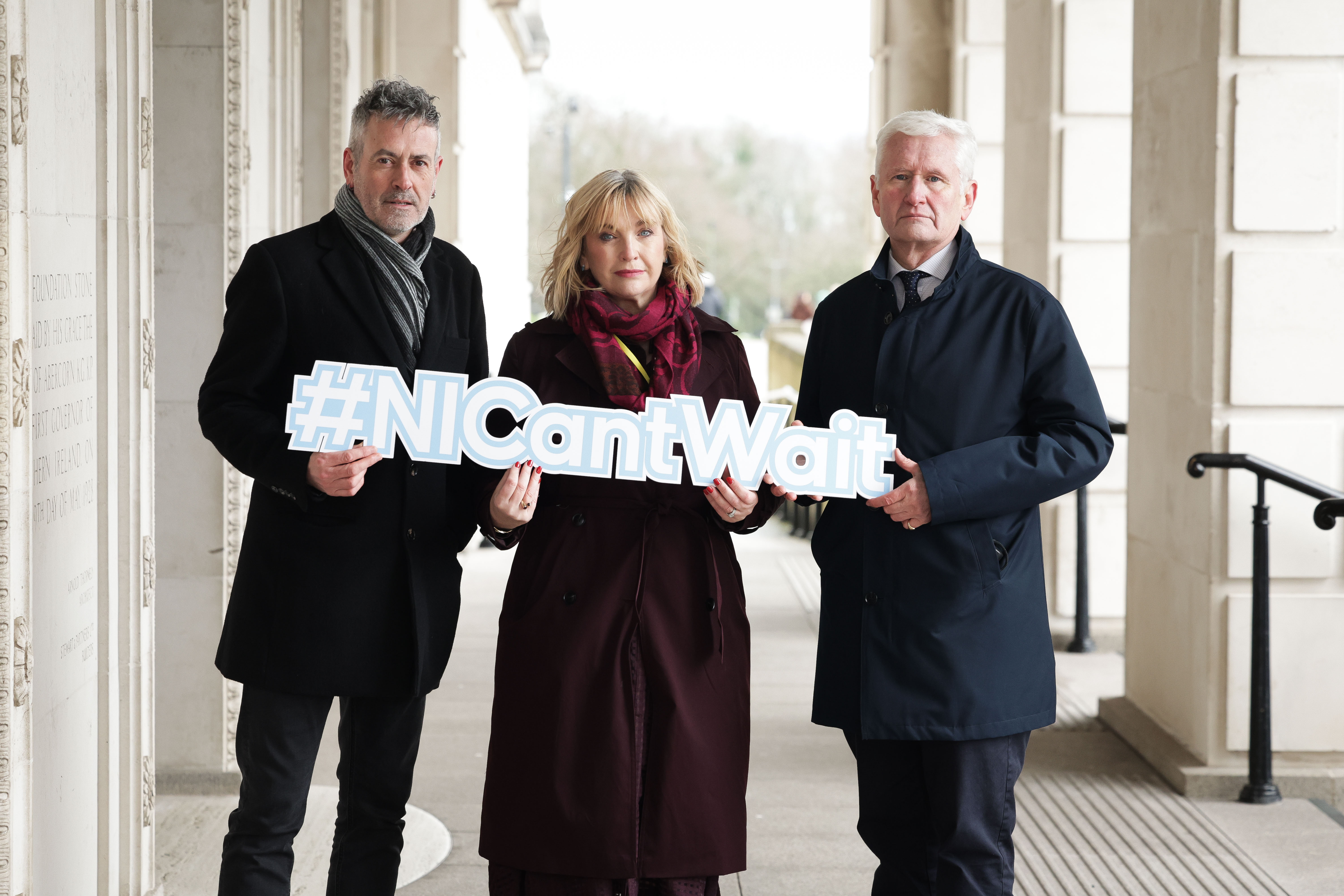 Martin McMullan, CEO Youth Action; Celine McStravick, CEO NICVA; David Babbington, CEO Action Mental Health pictured at the #NICantWait Day of Action at Stormont