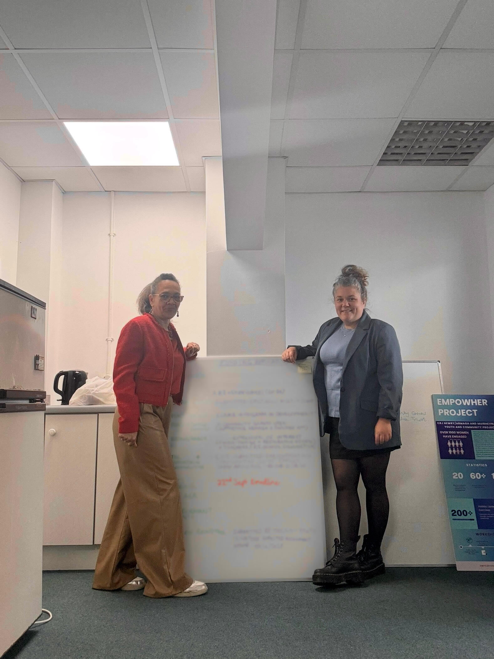 Jocelyn Horton and Mercedes next to part of their fundraising pipeline