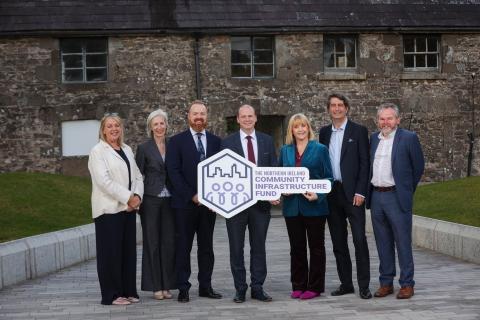 Pictured at the launch of the Northern Ireland Community Infrastructure Fund at the Pomeroy Forest Building are (l-r) Kate Clifford, Director, Rural Community Network; Jane Gribbin, Community Engagement Manager  Volunteer Now; Paul Boylan, Director of Programmes and Strategic Development, Co-operation Ireland; Department for Communities Minister Gordon Lyons MLA; Celine McStravick, CEO, NICVA; Paul McNaught, Director of Regional Development, Department for Communities;  Lauri McCusker, Director, Fermanagh T