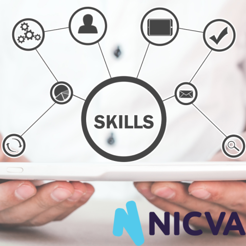 hands holding mobile with images surrounding and the word skills