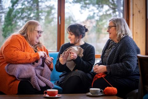 Inspiring Yarns success grantees; 3 ladies doing needlepoint