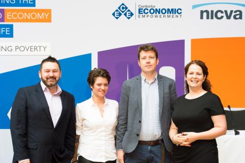 L-R: William Crawley, Jack Monroe, Tom MacInnes (NPI) and Lisa McElherron (NICVA)
