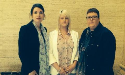 Amnesty's Grainne Teggart, Sarah Ewart, and Sarah's mother Jane Christie