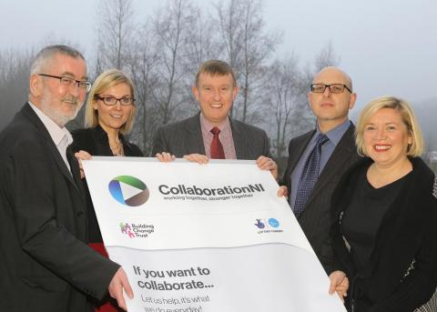 From l-r: Jack O'Connor, Head of Voluntary Sector Engagement Team, DSD; Nora Smith, CollaborationNI; Mervyn Storey, Minister for Social Development; Nigel McKinney, Building Change Trust; Úna McKernan, CollaborationNI